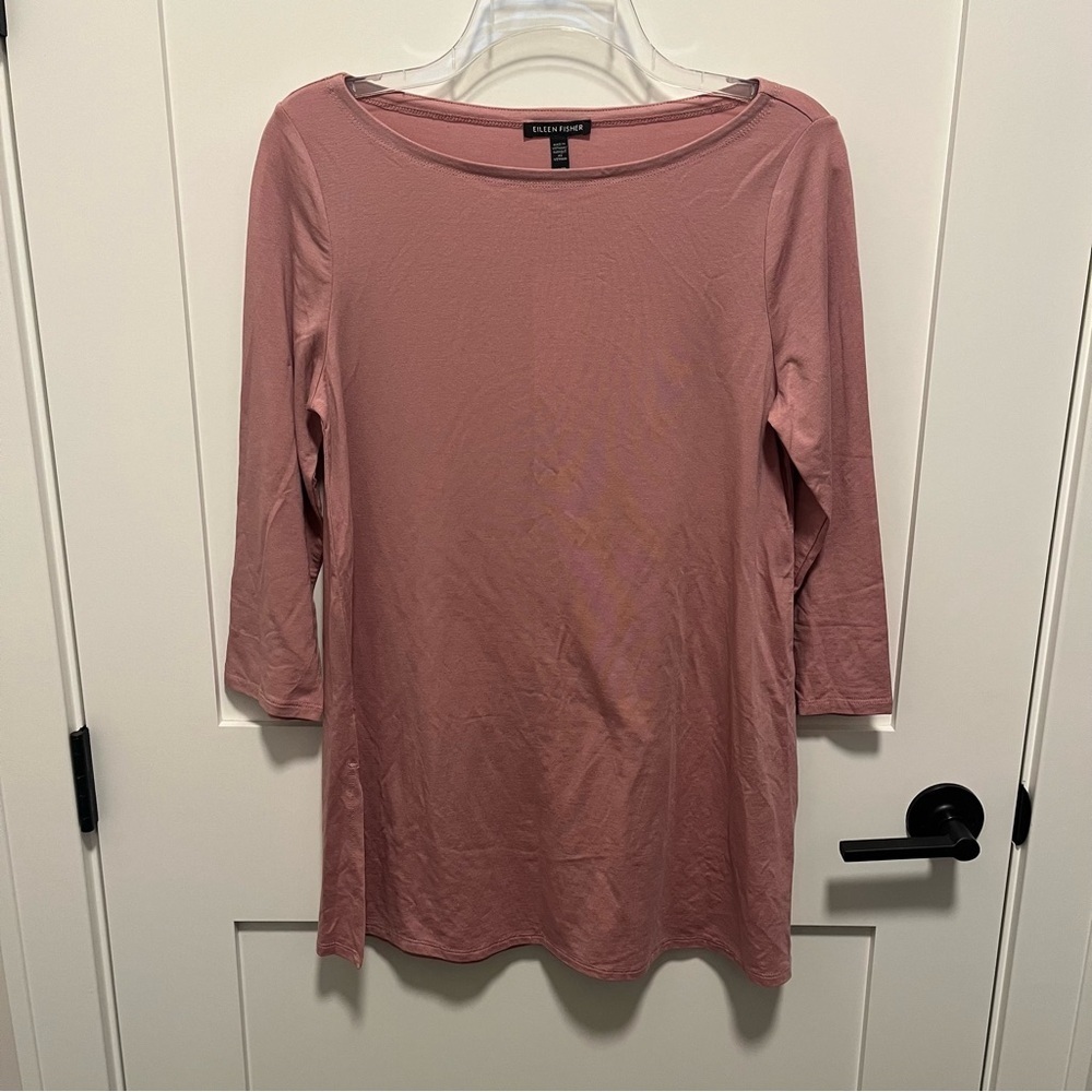 NWT Eileen Fisher XS Magnolia Pink Bateau Neck Tunic 3/4 Sleeve Split Hem Tencel